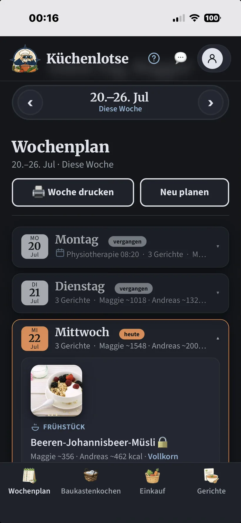 Küchenlotse Wochenplan auf dem Smartphone